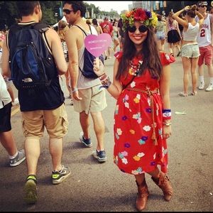 Vintage 60s Graphic Floral Ruffle Midi Dress, S